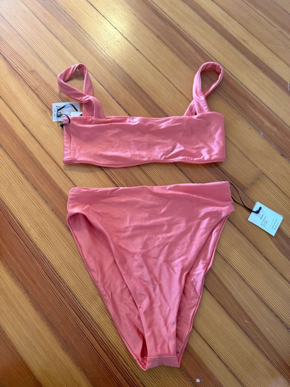 Jade Swim high waisted bikini in coral sheen. Coast top and Incline bottom.